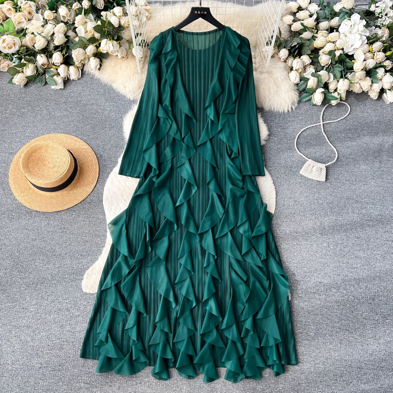 Elegant  Midi Dress For Women Empire Ruffled Shift Lace Dress