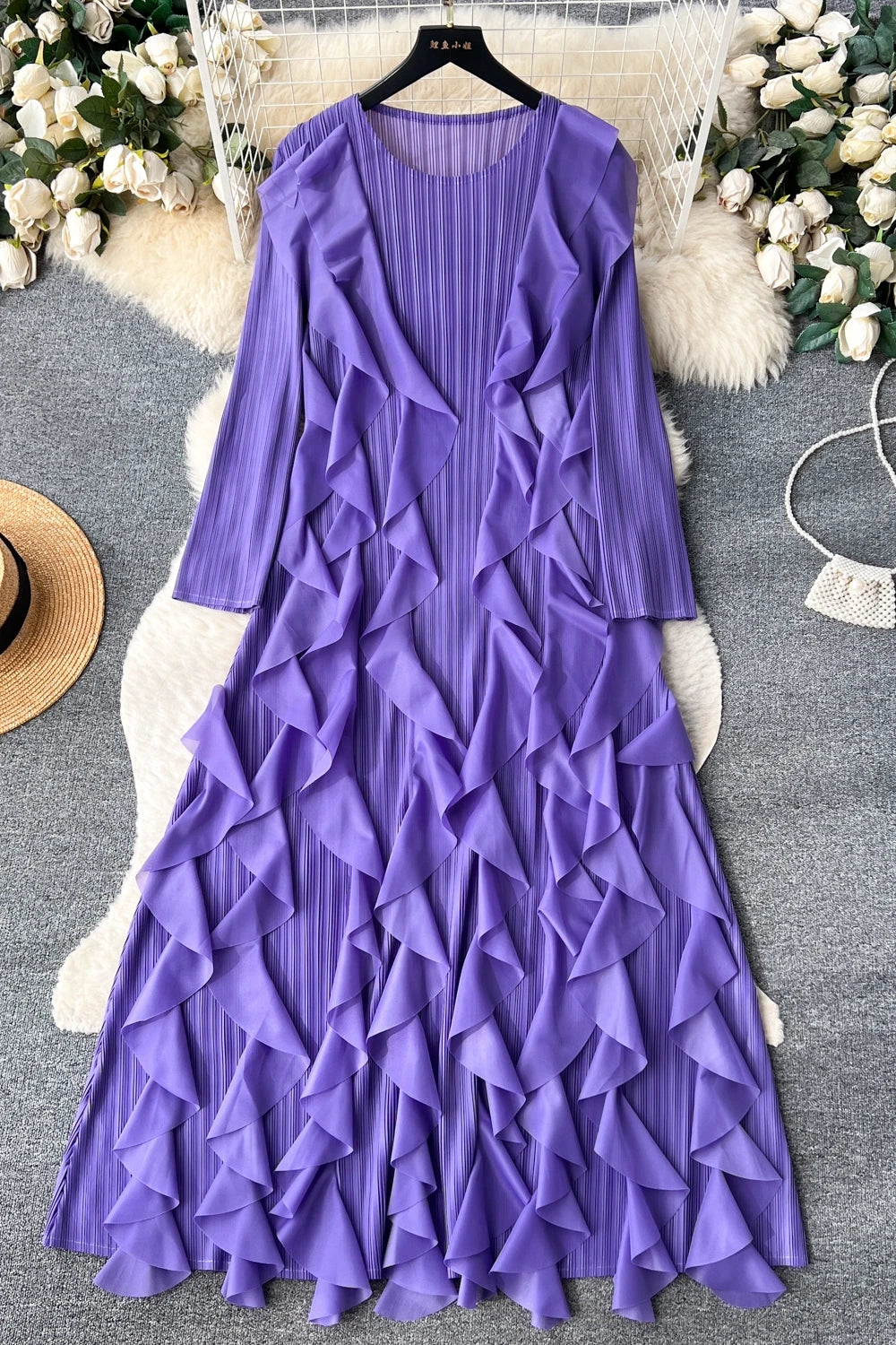 Elegant  Midi Dress For Women Empire Ruffled Shift Lace Dress