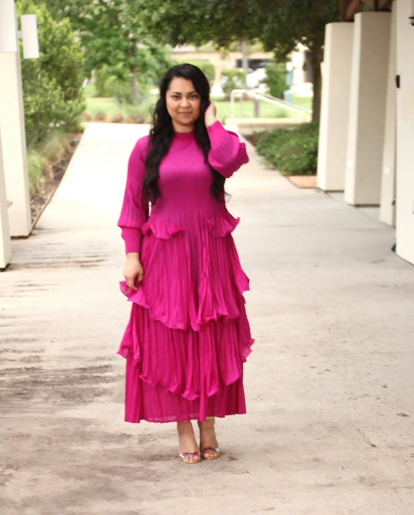 Magenta Pleated Ruffle Dress