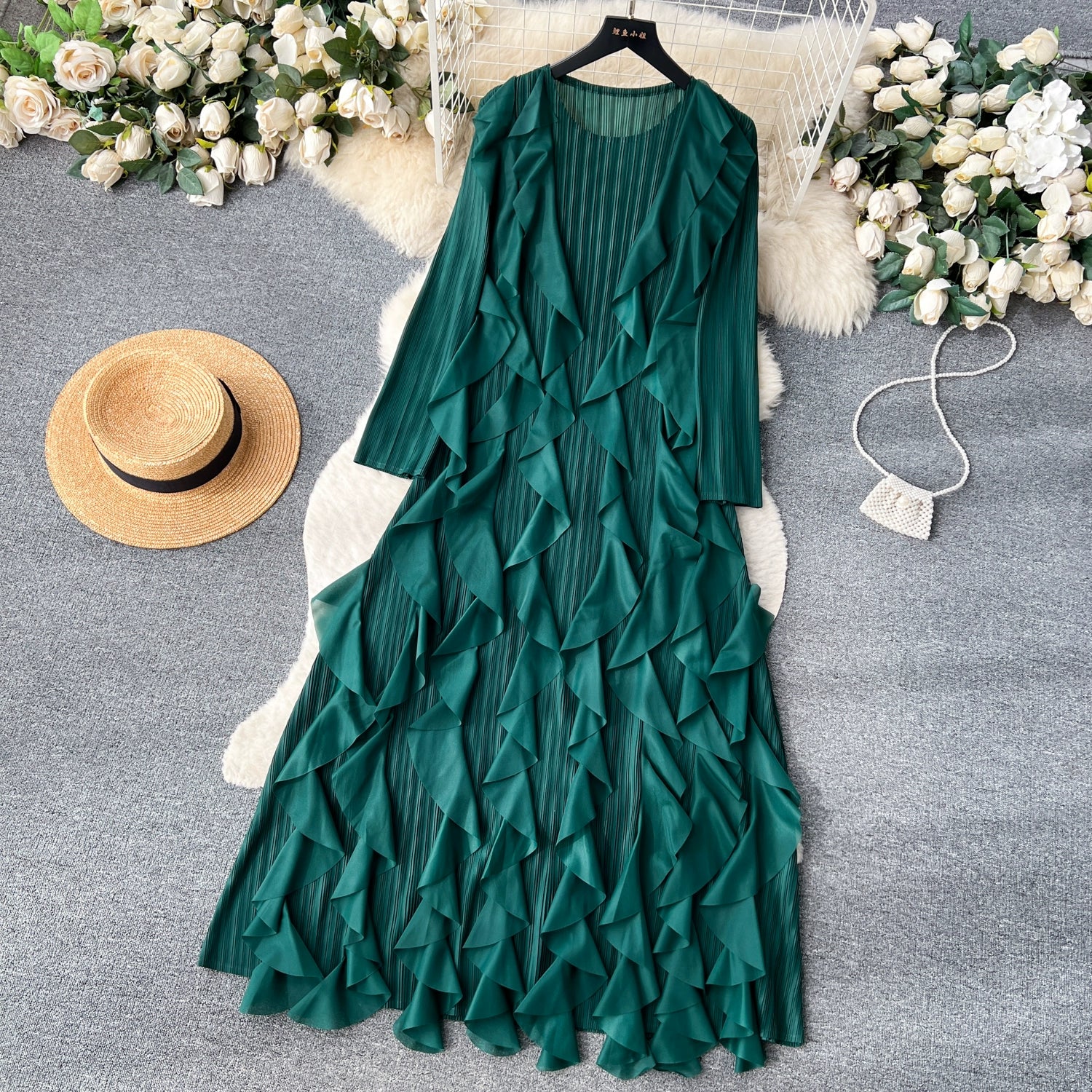 Elegant  Midi Dress For Women Empire Ruffled Shift Lace Dress