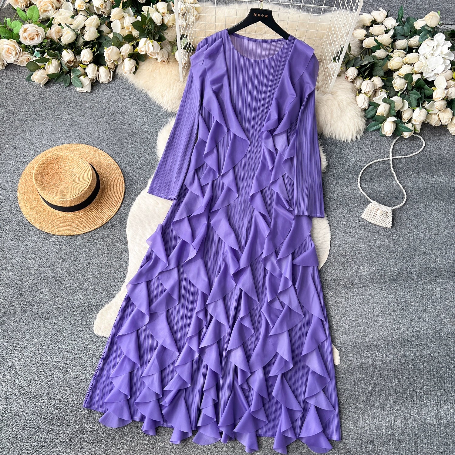 Elegant  Midi Dress For Women Empire Ruffled Shift Lace Dress