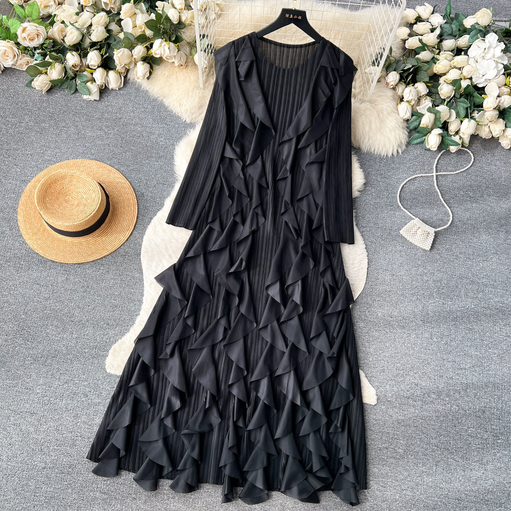 Elegant  Midi Dress For Women Empire Ruffled Shift Lace Dress
