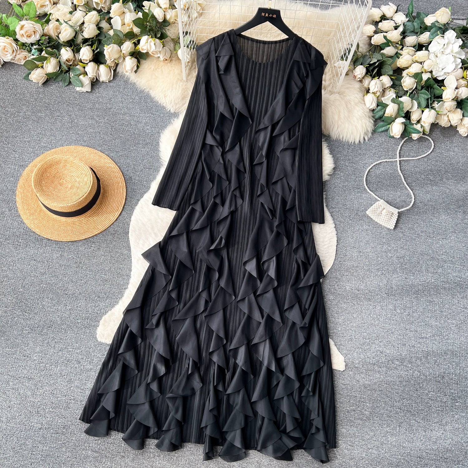 Elegant  Midi Dress For Women Empire Ruffled Shift Lace Dress