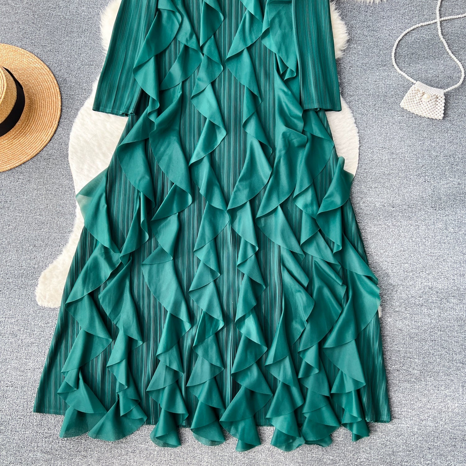 Elegant  Midi Dress For Women Empire Ruffled Shift Lace Dress