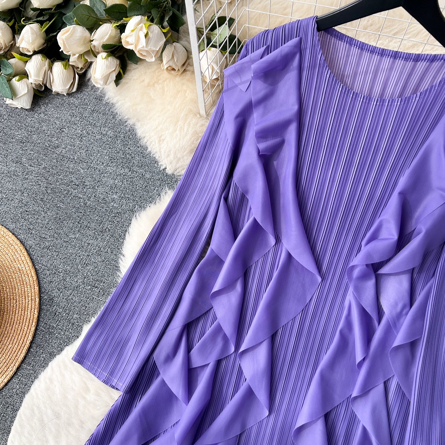 Elegant  Midi Dress For Women Empire Ruffled Shift Lace Dress