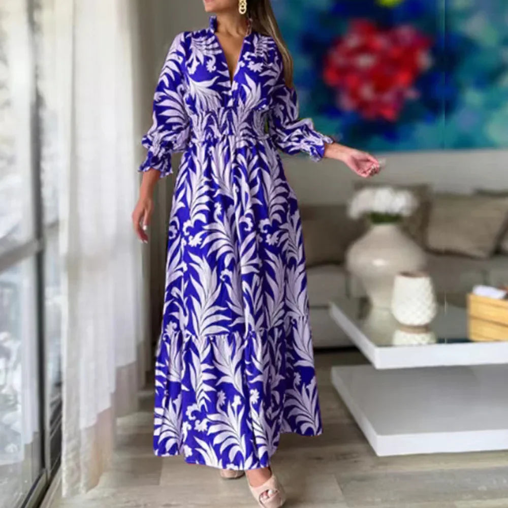Waist  Pullover  Flower Printed Long Sleeve Autumn Winter New Long Dress Big Hem Dress Long Maxi