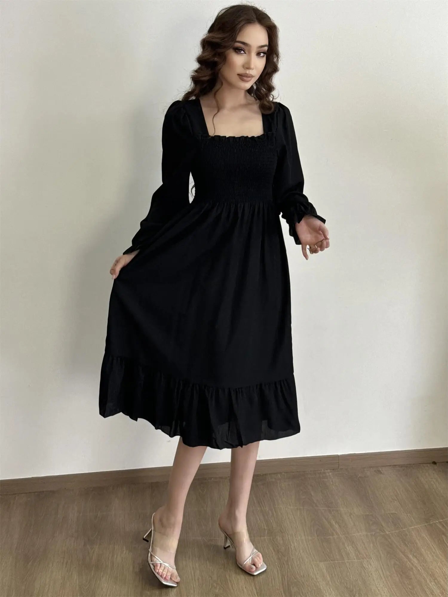Autumn  Casual Dress Women Chiffon Dresses Long Sleeve A-line Printed Floral Elastic Chest Lace Up Midi Dresses