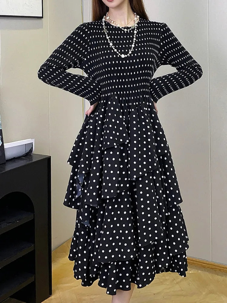 Women's Polka Dot Dress  Design Long Sleeves Ruffles Elegant Dresses