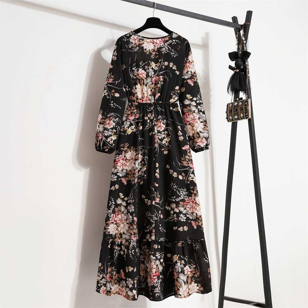 Women Maxi Dress Casual Long Sleeve High Waist   Chiffon Dress
