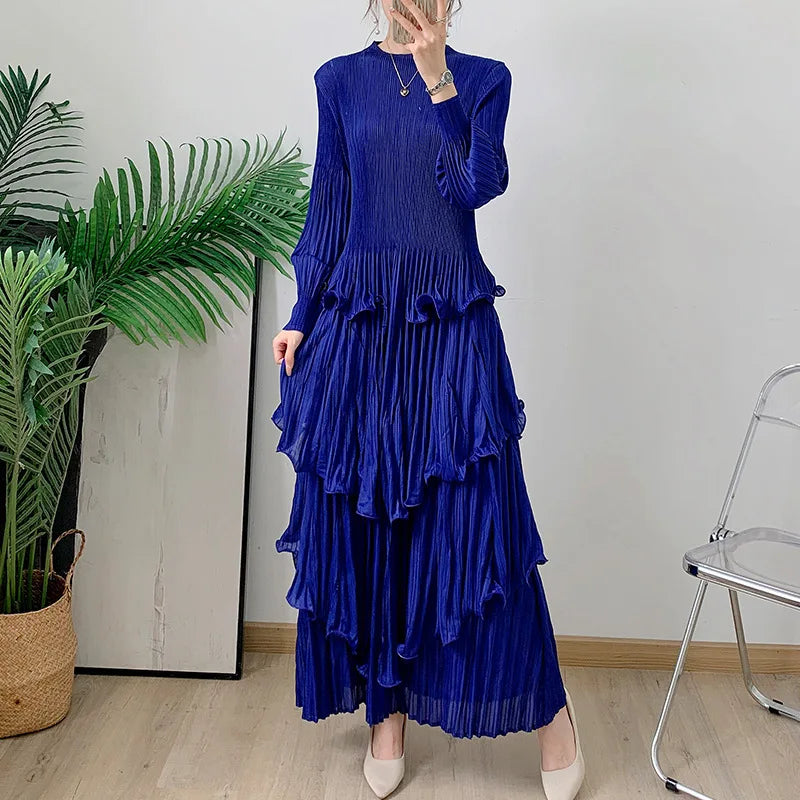 Pleated French Women's Dress  Chic New Ruffled High-End Design Long Sleeve dress