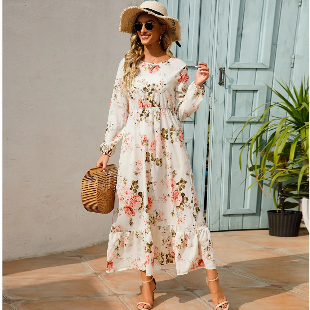 Women Maxi Dress Casual Long Sleeve High Waist   Chiffon Dress