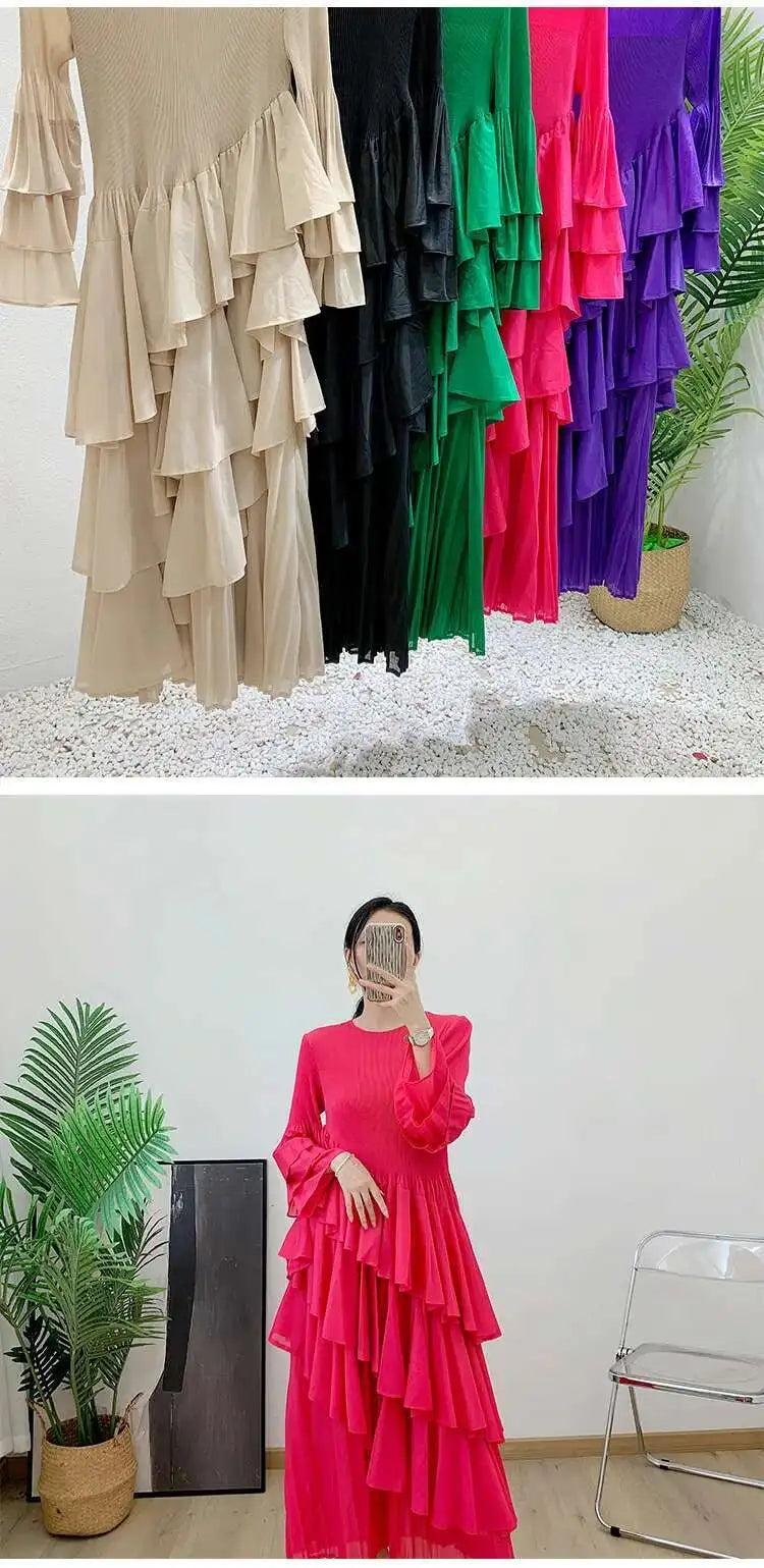 New Ruffles Pleated Dress Women Round Neck Flare Sleeves Loose Chic Long Length dress