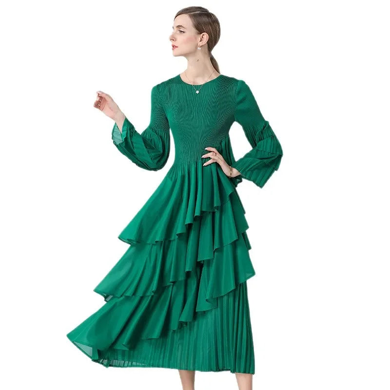Chiffon  Long Sleeve Empire Waist Dress Draped Skirt Heavy Embellishment  Leaf Edge  Style Dress
