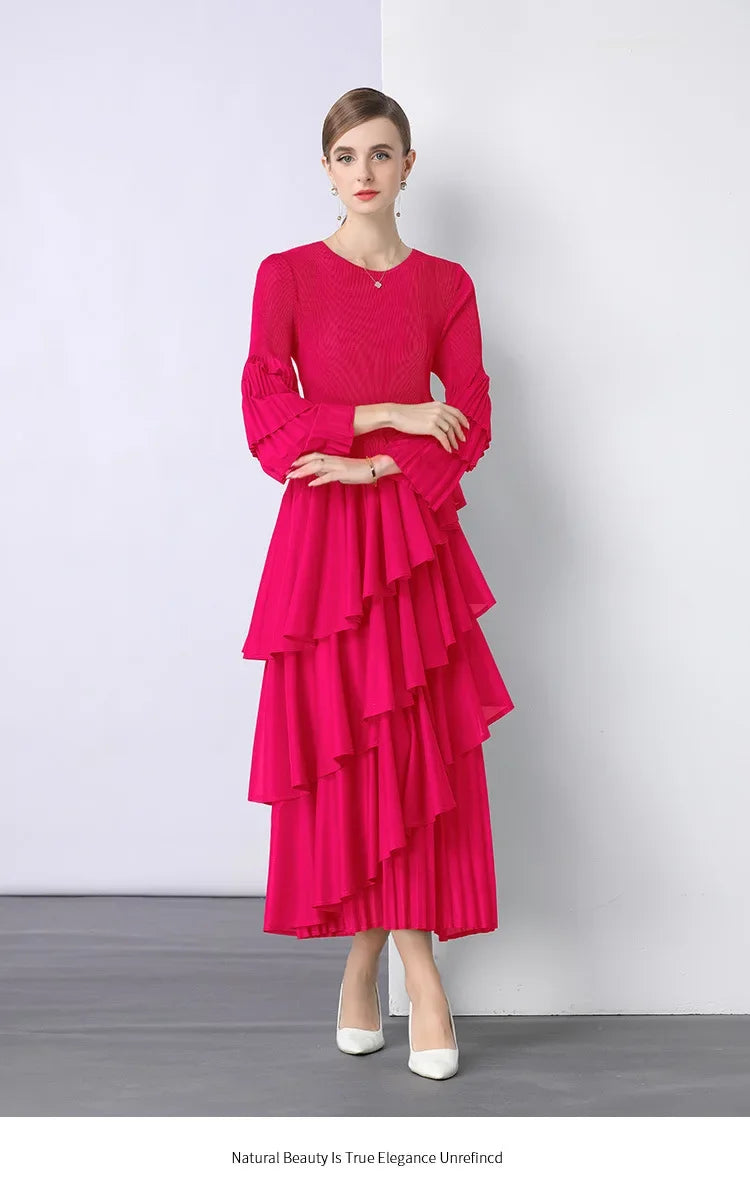 Chiffon  Long Sleeve Empire Waist Dress Draped Skirt Heavy Embellishment  Leaf Edge  Style Dress