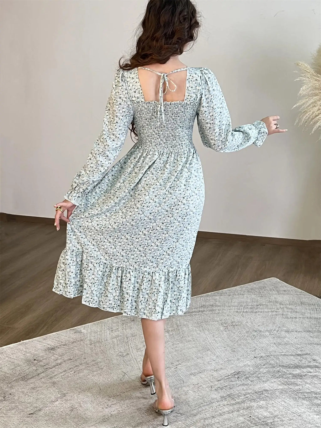 Autumn  Casual Dress Women Chiffon Dresses Long Sleeve A-line Printed Floral Elastic Chest Lace Up Midi Dresses