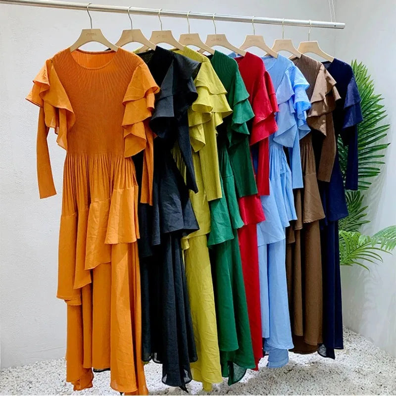 Fashion Pleated Long Dress  Design Sense Crew-neck Long Sleeve Pleated Dresses