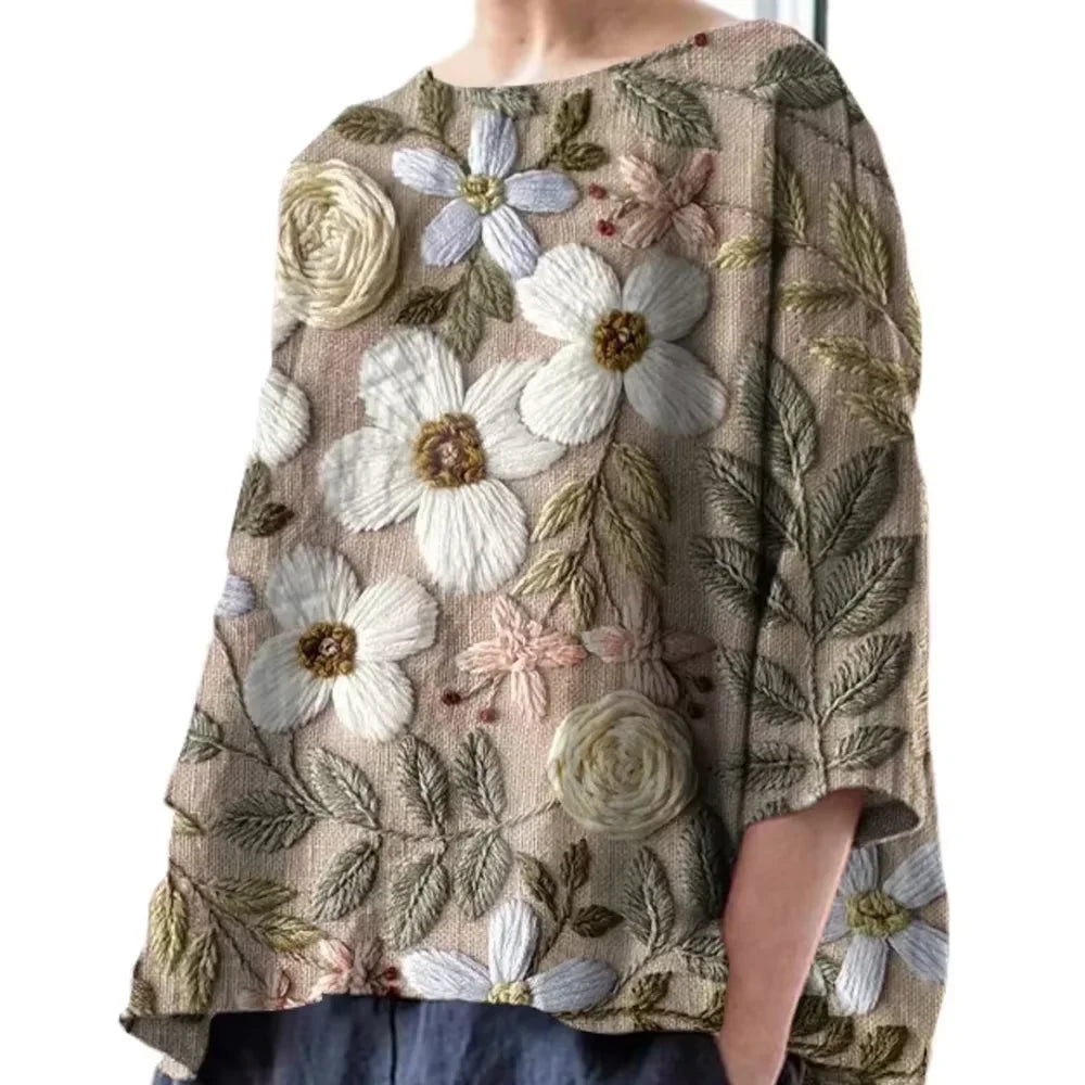 Plus Size Floral Printed Imitation Linen Women’s Vintage T-Shirt Round Neck 3/4 Sleeve Loose Summer Female Casual Daily Top Tees
