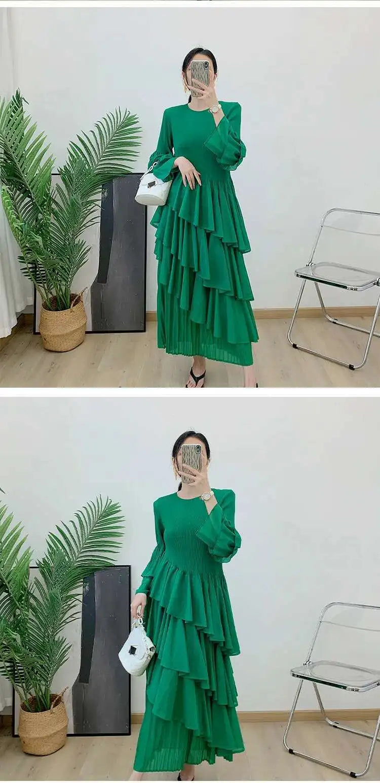 New Ruffles Pleated Dress Women Round Neck Flare Sleeves Loose Chic Long Length dress