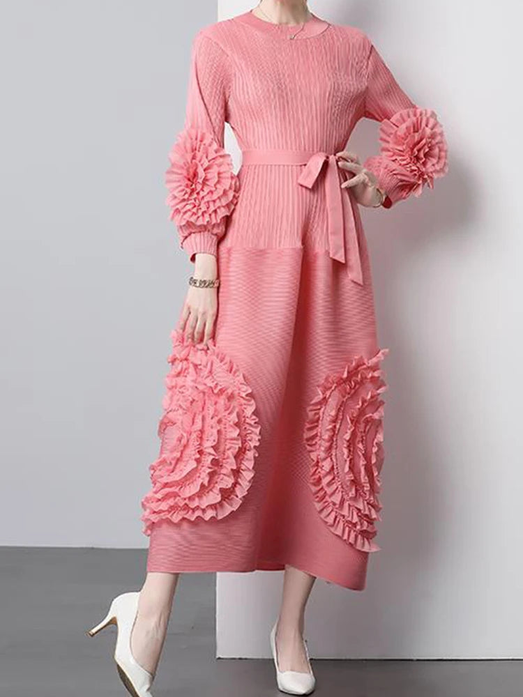 3D Flower Pleated Dress Bubble Sleeves High Waist Designer High-end Temperament Belt Long Dresses