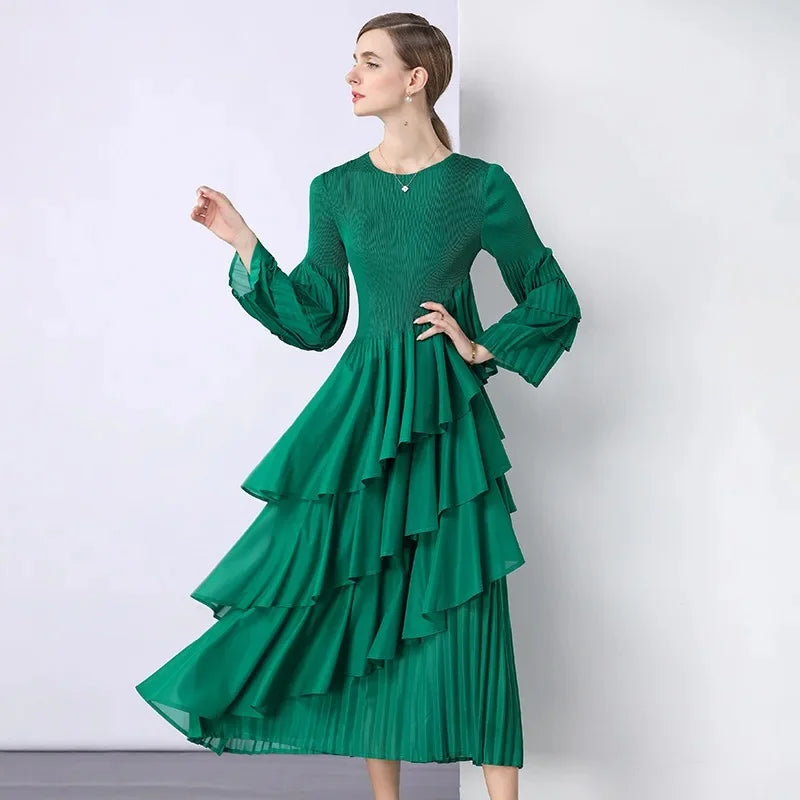 Chiffon  Long Sleeve Empire Waist Dress Draped Skirt Heavy Embellishment  Leaf Edge  Style Dress