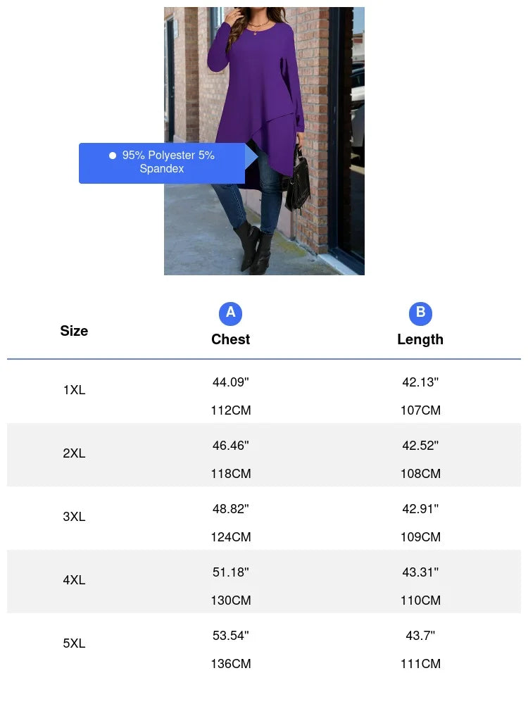 Plus Size Long Sleeve Elegant T-Shirt for Women Solid Color Crew Neck Asymmetrical Dipped Hem Top for Spring/Fall