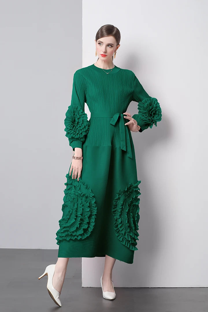 3D Flower Pleated Dress Bubble Sleeves High Waist Designer High-end Temperament Belt Long Dresses