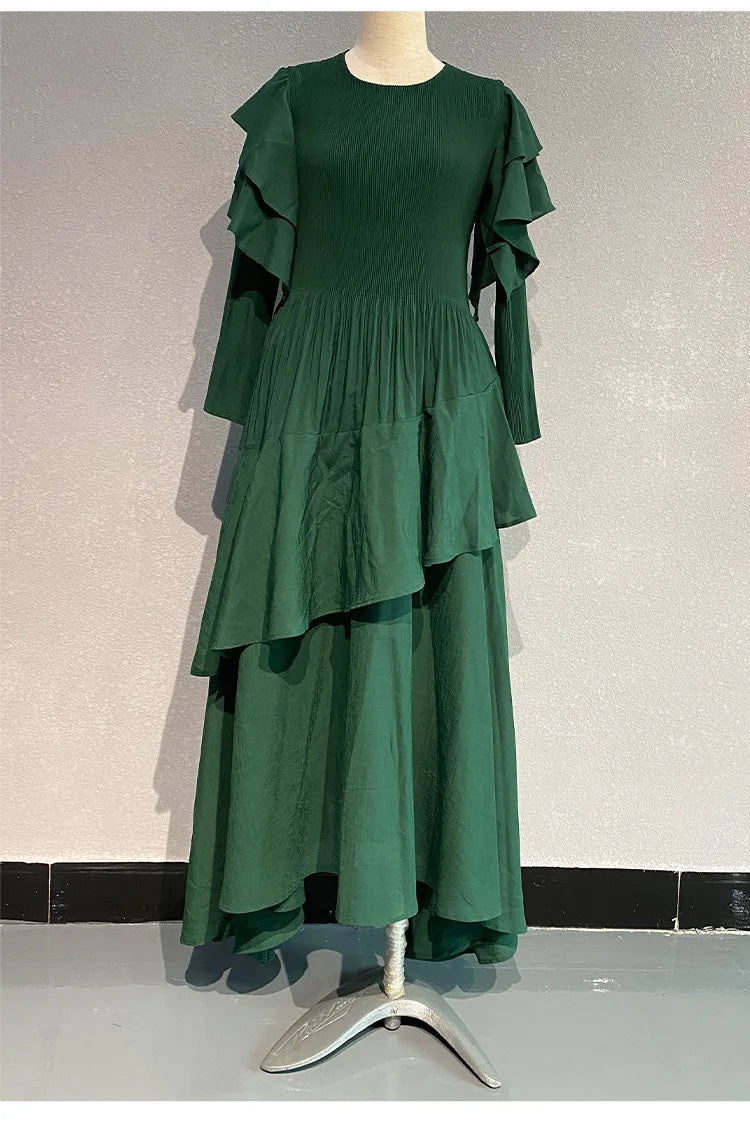 Fashion Pleated Long Dress  Design Sense Crew-neck Long Sleeve Pleated Dresses