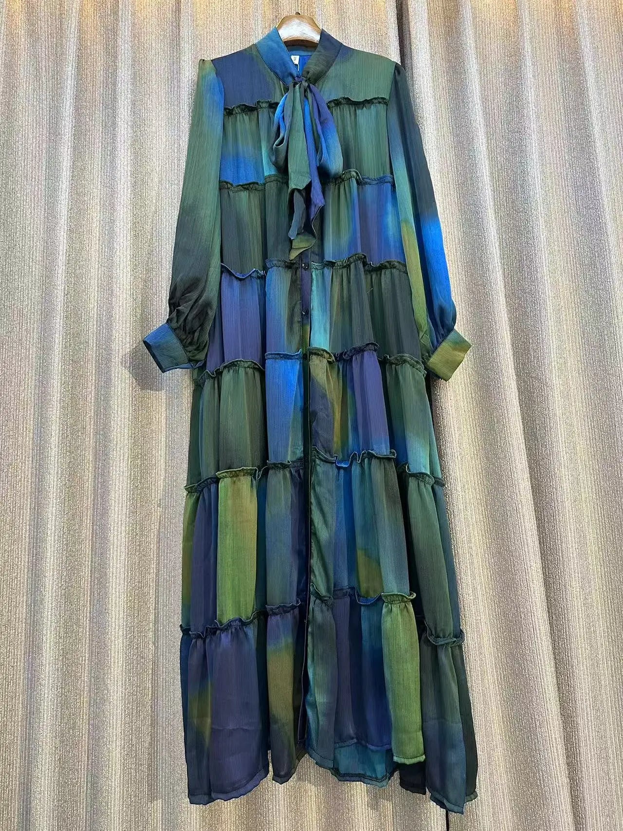 Jarlrysberg Luxury Women's Purple Print Dress  2025 Bow Neck Lantern Sleeve Ruffles Loose Fit Elegant Party Big Swing Robe