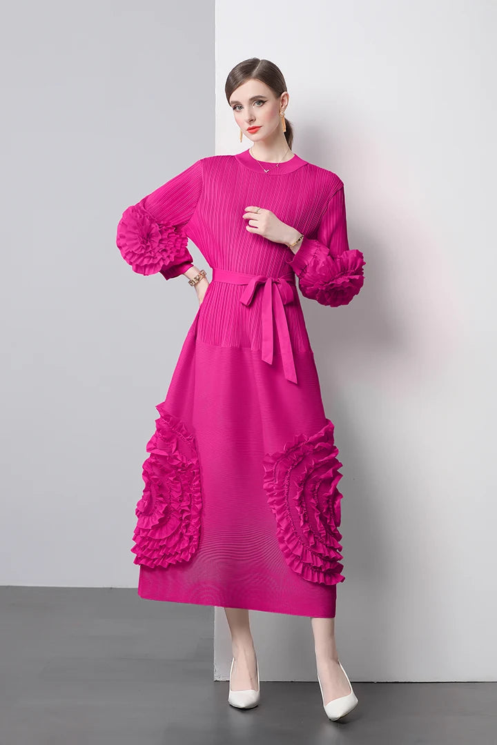 3D Flower Pleated Dress Bubble Sleeves High Waist Designer High-end Temperament Belt Long Dresses