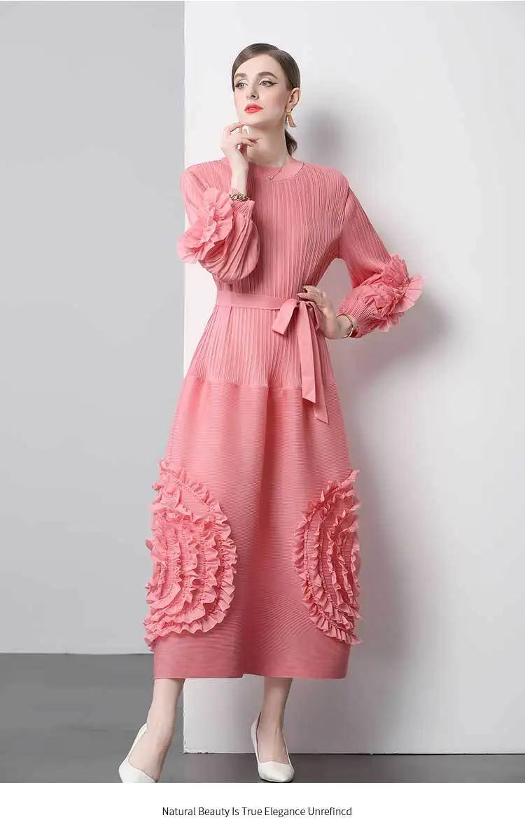 3D Flower Pleated Dress Bubble Sleeves High Waist Designer High-end Temperament Belt Long Dresses