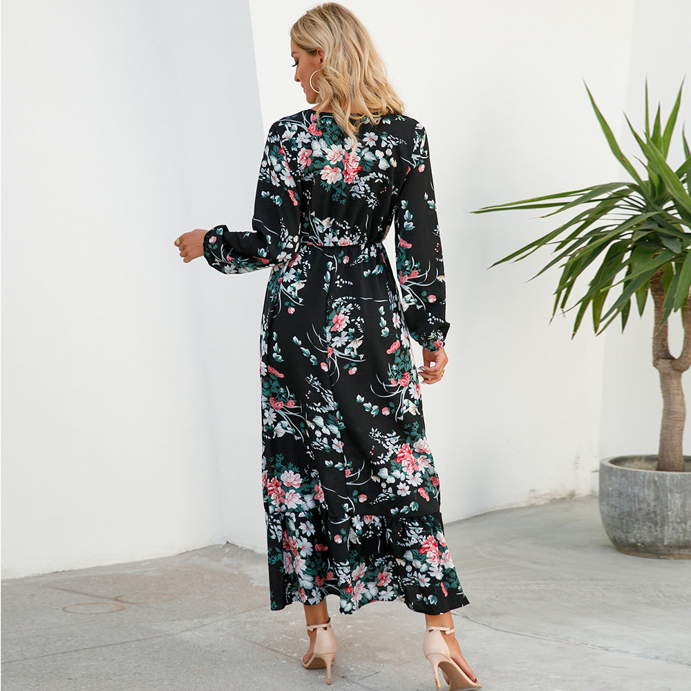 Women Maxi Dress Casual Long Sleeve High Waist   Chiffon Dress