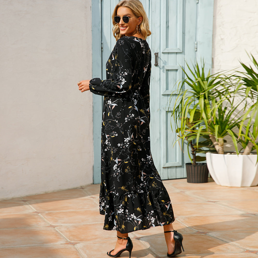 Women Maxi Dress Casual Long Sleeve High Waist   Chiffon Dress