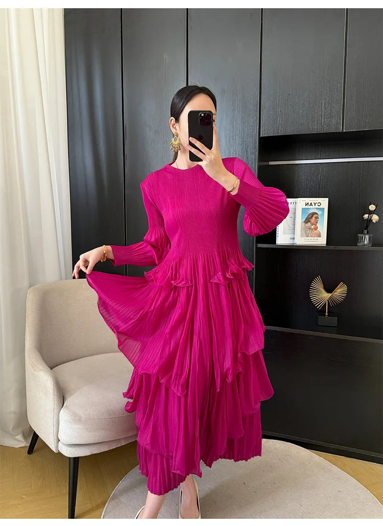 Pleated French Women's Dress  Chic New Ruffled High-End Design Long Sleeve dress