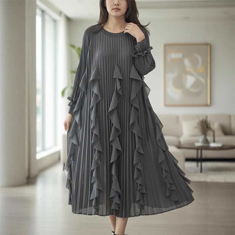 Ruffled Patchwork Design Women's Pleated Dress Loose