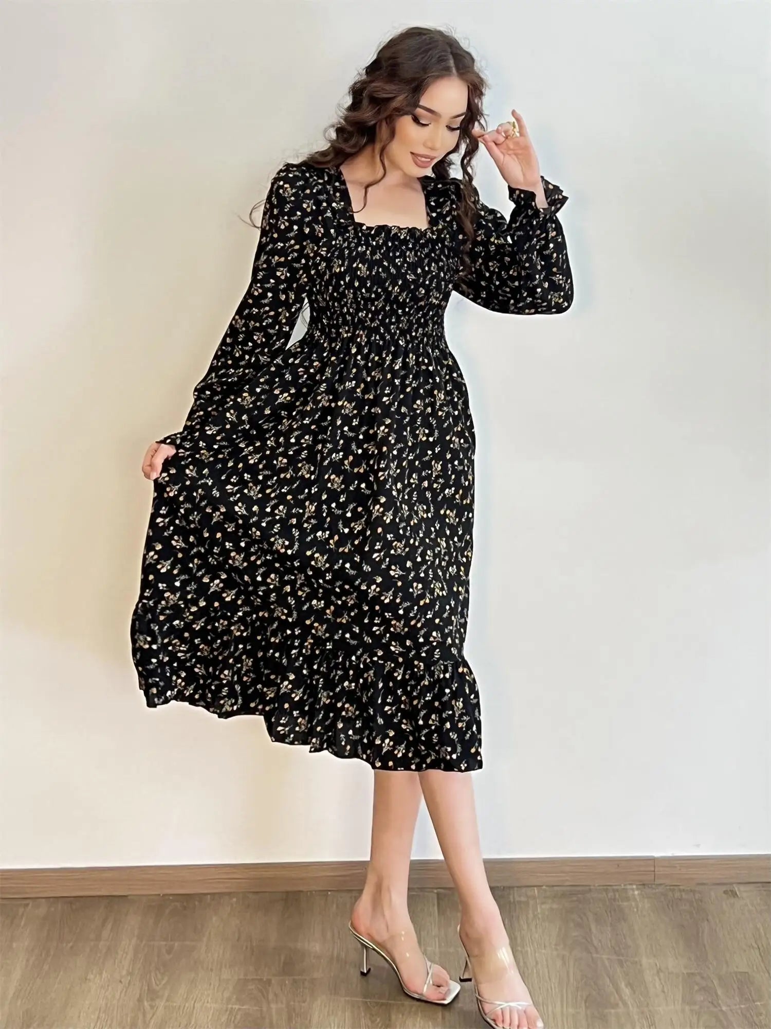 Autumn  Casual Dress Women Chiffon Dresses Long Sleeve A-line Printed Floral Elastic Chest Lace Up Midi Dresses