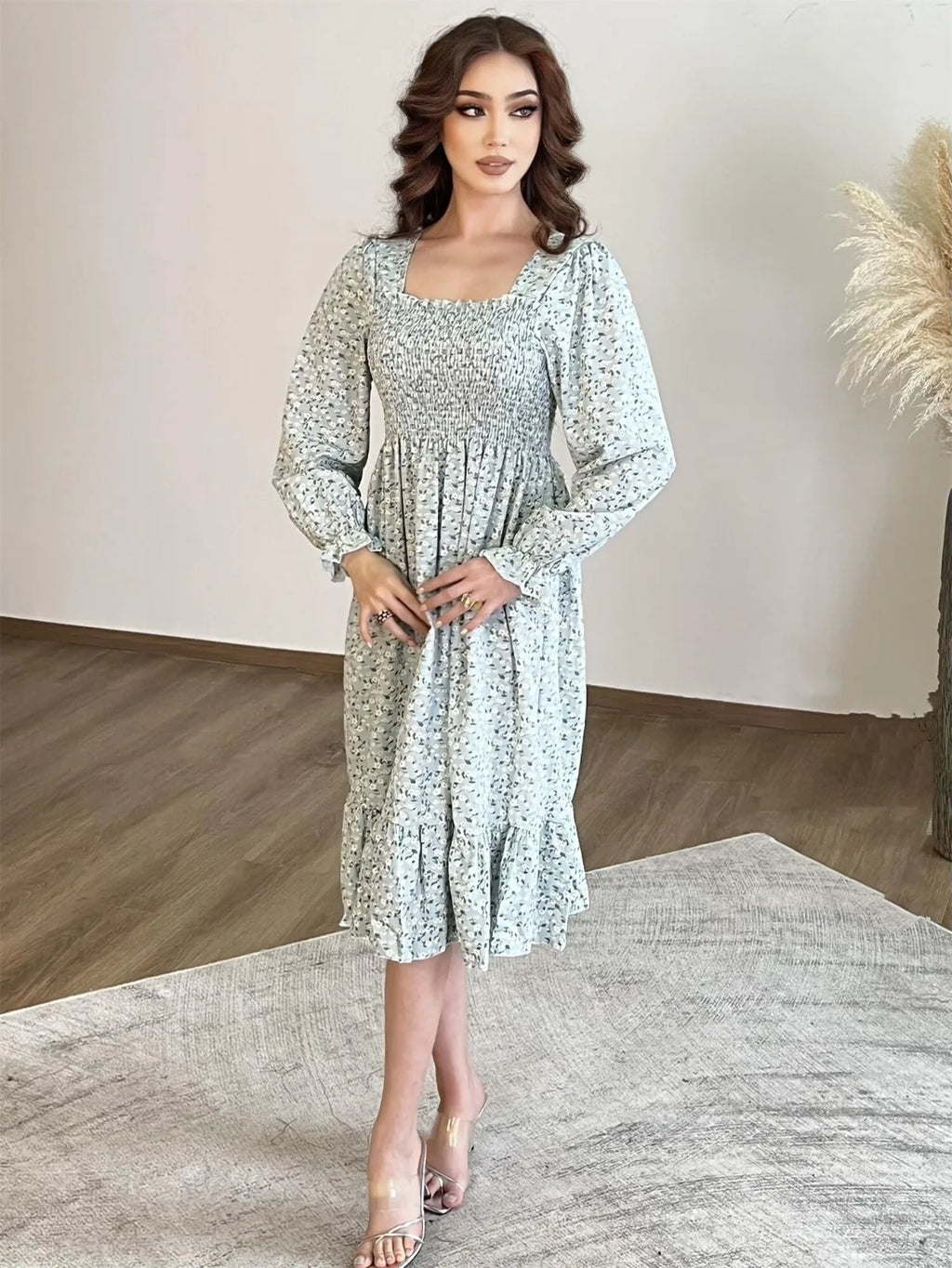 Autumn  Casual Dress Women Chiffon Dresses Long Sleeve A-line Printed Floral Elastic Chest Lace Up Midi Dresses
