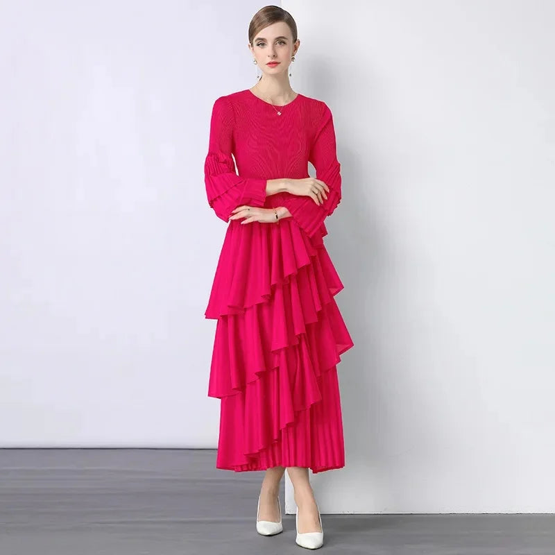 Chiffon  Long Sleeve Empire Waist Dress Draped Skirt Heavy Embellishment  Leaf Edge  Style Dress