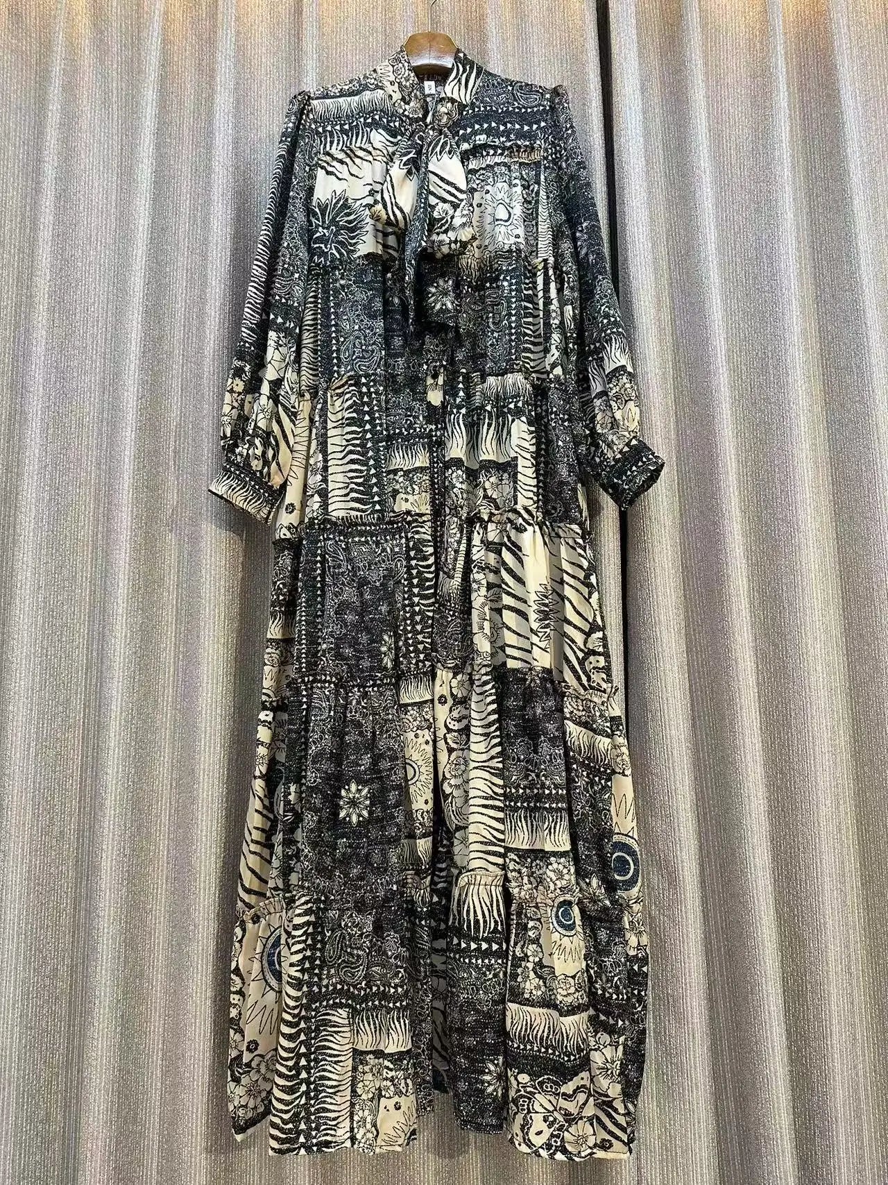 Luxury Dress For Women Print Dress Bow Neck Long Sleeve Loose Fashion  Evening  Swing Dress