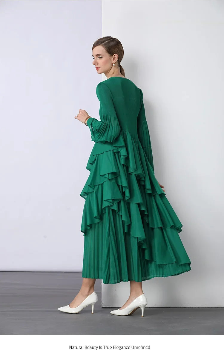 Chiffon  Long Sleeve Empire Waist Dress Draped Skirt Heavy Embellishment  Leaf Edge  Style Dress
