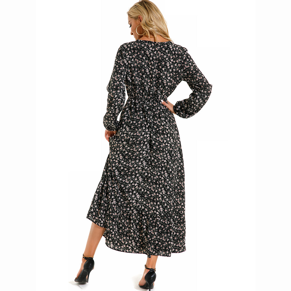 Women Maxi Dress Casual Long Sleeve High Waist   Chiffon Dress