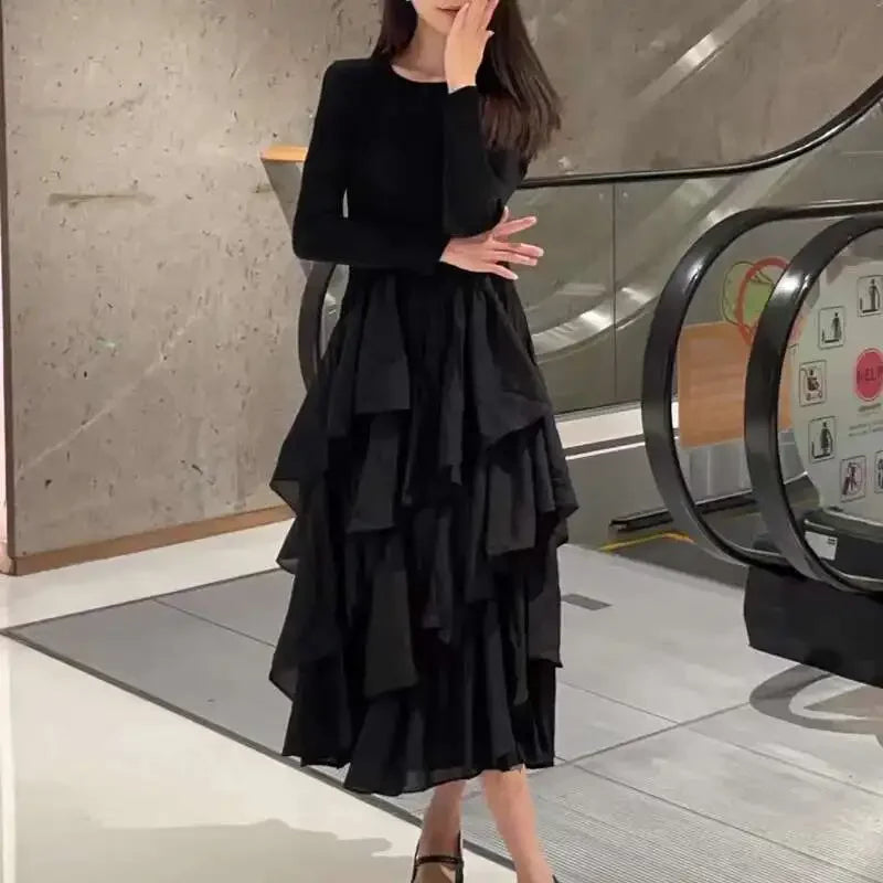 Miyake Elegant Pleated Long Dress for Women Round Neck Long Sleeves Ruffles A-line Dresses
