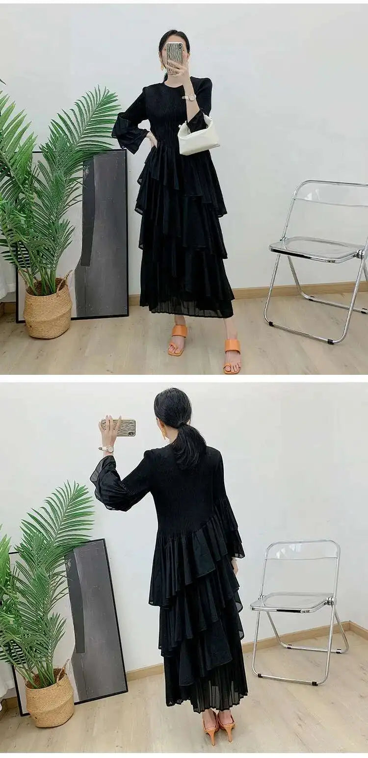 New Ruffles Pleated Dress Women Round Neck Flare Sleeves Loose Chic Long Length dress
