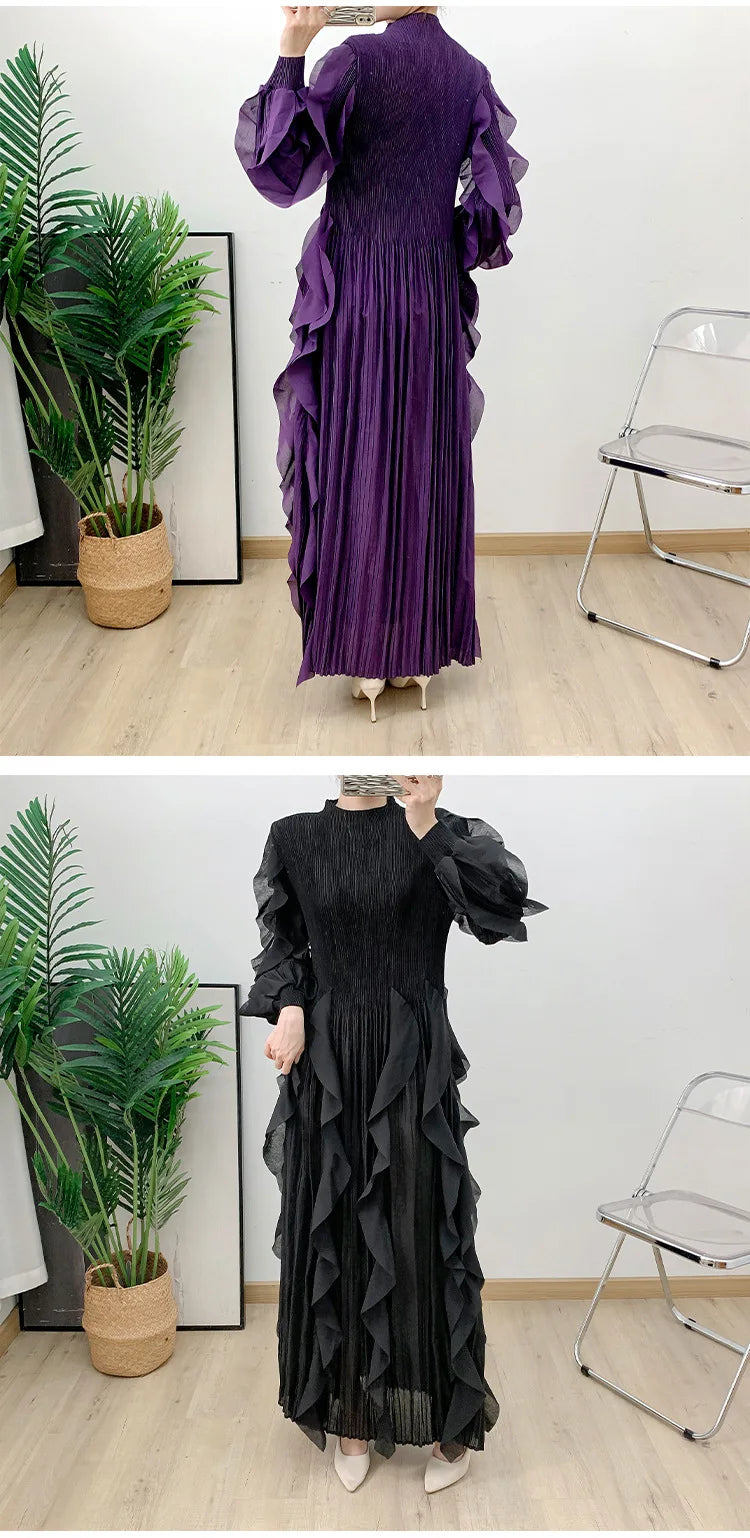 Fashion Ruffles Pleated Dress Women Round Neck Flare Sleeves Solid Maxi Dress