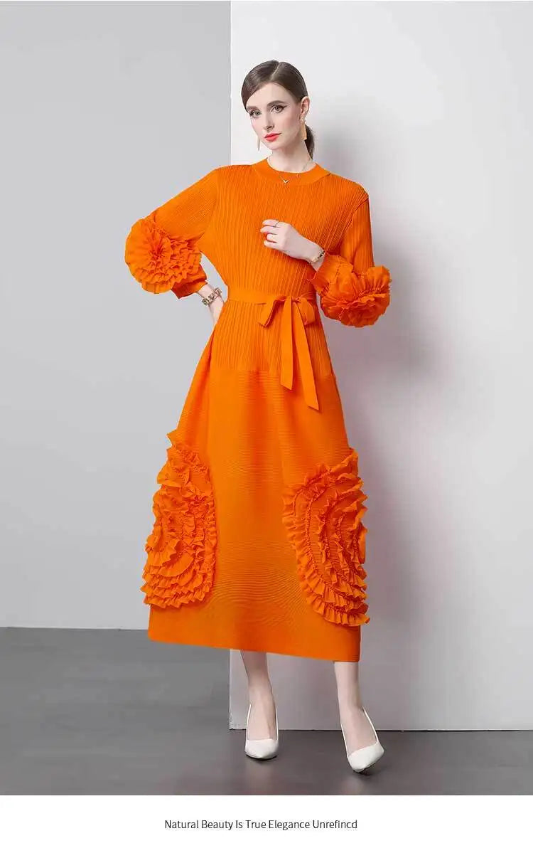 3D Flower Pleated Dress Bubble Sleeves High Waist Designer High-end Temperament Belt Long Dresses