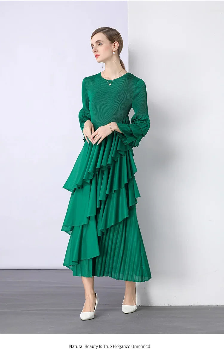 Chiffon  Long Sleeve Empire Waist Dress Draped Skirt Heavy Embellishment  Leaf Edge  Style Dress