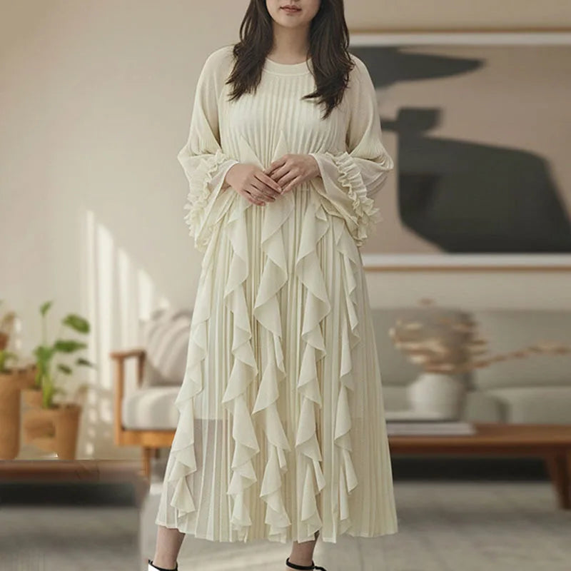 Ruffled Patchwork Design Women's Pleated Dress Loose