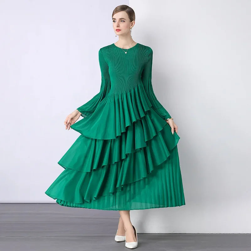 Chiffon  Long Sleeve Empire Waist Dress Draped Skirt Heavy Embellishment  Leaf Edge  Style Dress
