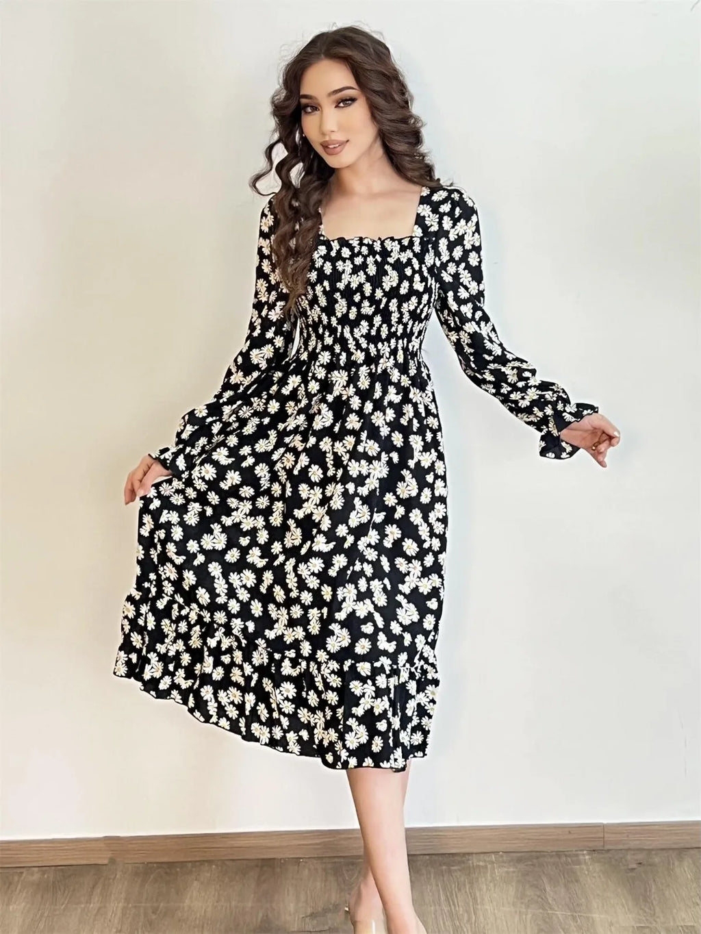 Autumn  Casual Dress Women Chiffon Dresses Long Sleeve A-line Printed Floral Elastic Chest Lace Up Midi Dresses