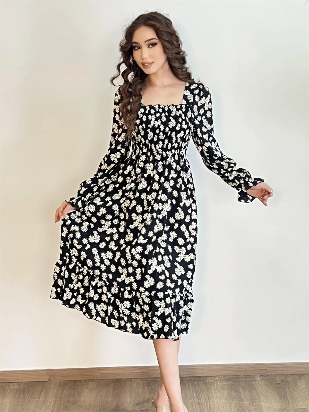 Autumn  Casual Dress Women Chiffon Dresses Long Sleeve A-line Printed Floral Elastic Chest Lace Up Midi Dresses