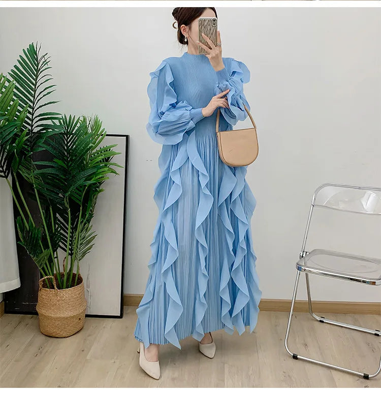 Fashion Ruffles Pleated Dress Women Round Neck Flare Sleeves Solid Maxi Dress